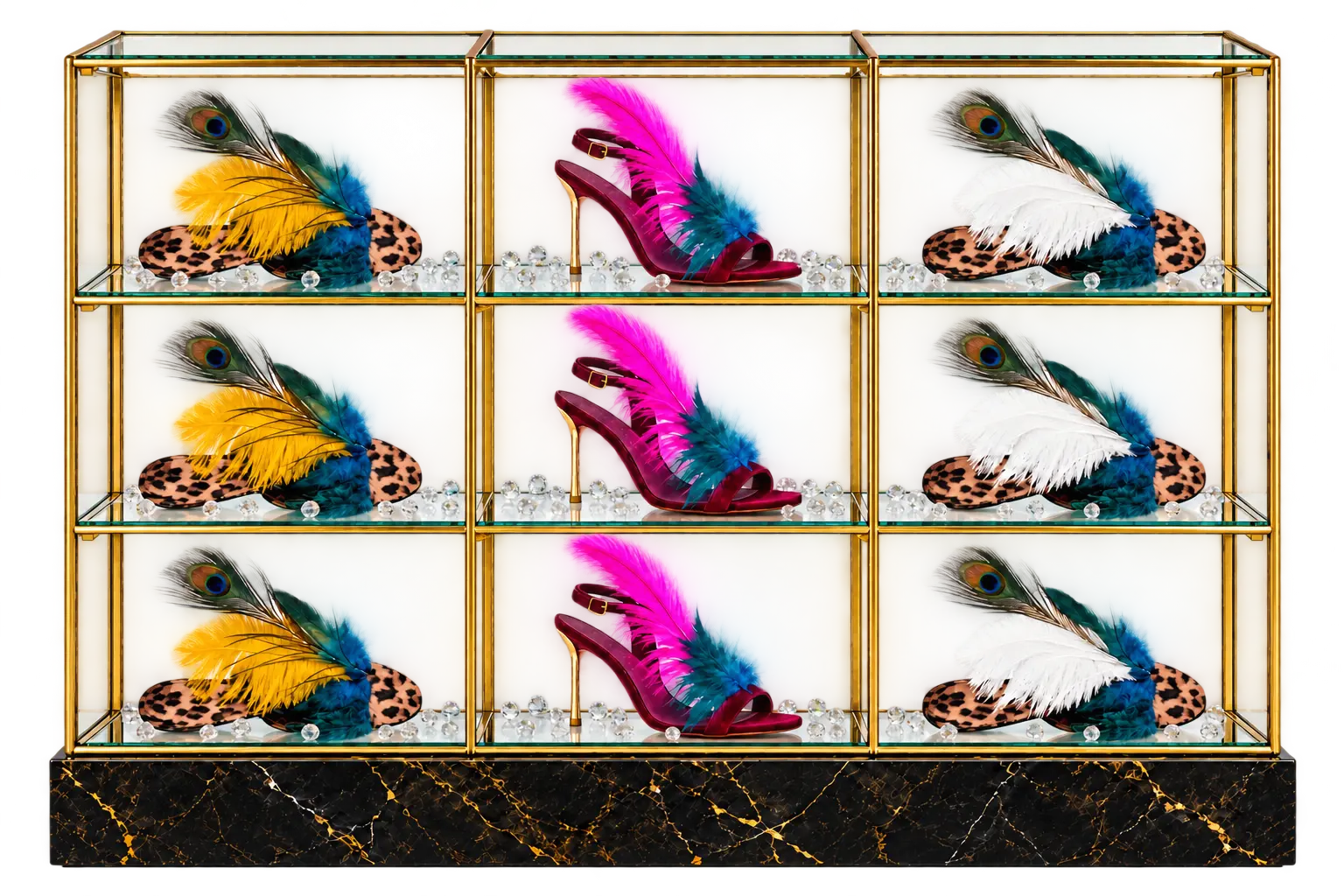 Gold and glass archive rack displaying the Velour and Auroravēda feathered heels