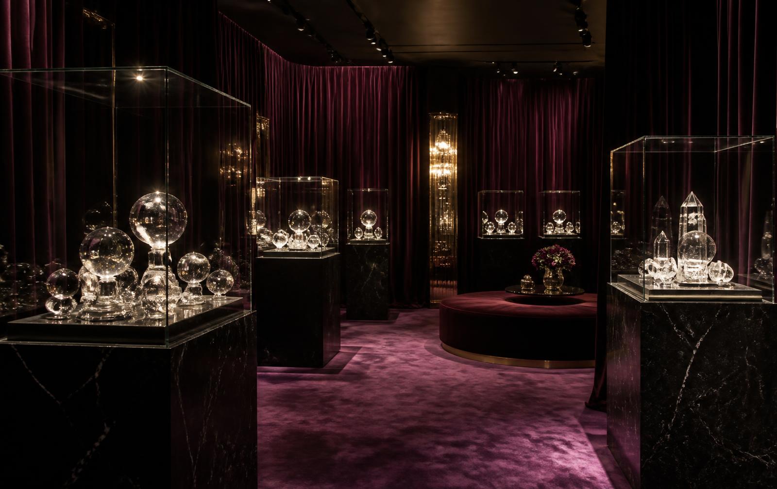 Velvet exhibition room with glass vitrines of crystals